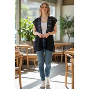 Michael Stars Black Lace Crochet Vest‎ Cardigan Open Front Sleeveless Layering